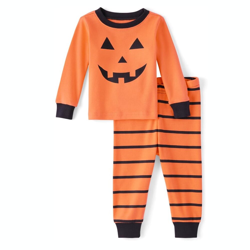 The Childrens Place Halloween Pumpkin Face Snug Fit Cotton Pajamas - orange